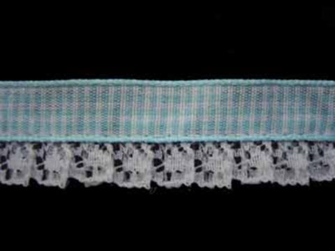 L033 18mm, White Lace on a Blue Gingham Ribbon - Ribbonmoon