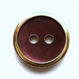 B5890 15mm Plum Pearlised 2 Hole Button with a Gold Metal Rim