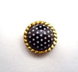 B14564 15mm Black and White Polka,Gilded Gold Poly Rim Shank Button - Ribbonmoon