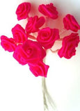 RB429  12 x 14mm Shocking Pink Satin Ribbon Roses on Wired Stems