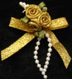 RB401 Gold Metallic Rose Bow Buds with Ribbon and Pearl Bead Trim Decoration