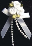 RB370 White Satin Rose Bow Buds with Ribbon and Pearl Bead Trim Decoration