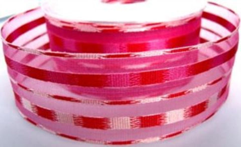 R7390 40mm Fuchsia Sheer Ribbon with Red and Pink Silk Banded Stripes