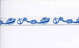 R1091 10mm White Satin Ribbon with a Blue Printed Nautical Design - Ribbonmoon
