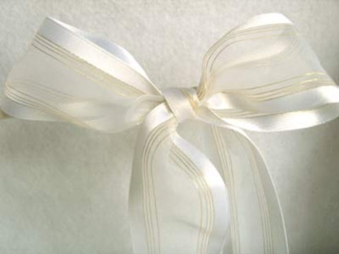 R4625 48mm White Sheer and Satin Ribbon with Thin Metallic Stripes - Ribbonmoon