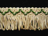 FT459 3cm Antique Cream and Green Looped Fringe on a Decorated Braid - Ribbonmoon