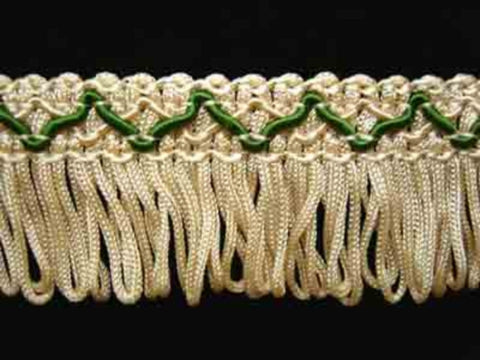FT459 3cm Antique Cream and Green Looped Fringe on a Decorated Braid - Ribbonmoon