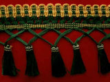 FT488 10cm Honey Gold and Forest Green Tassel Fringe on a Decorated Braid - Ribbonmoon