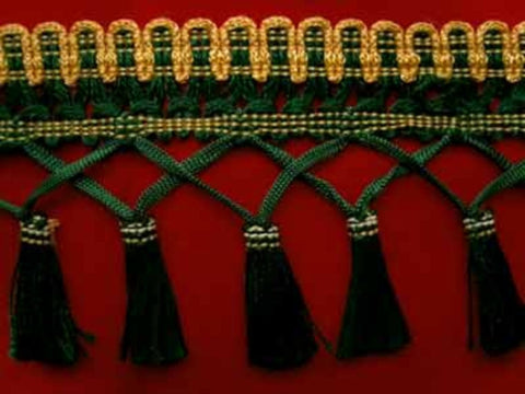 FT488 10cm Honey Gold and Forest Green Tassel Fringe on a Decorated Braid - Ribbonmoon