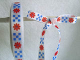 R1782 10mm White Satin Ribbon with a Red Flower and Blue Check Print - Ribbonmoon