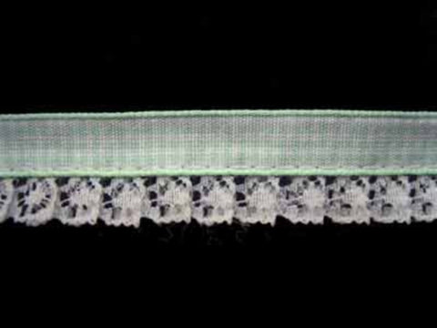 L027 17mm, White Lace on a Green Gingham Ribbon - Ribbonmoon
