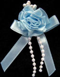 RB383 Blue Satin Bow with Ribbon and Pearl Bead Trim Decoration.