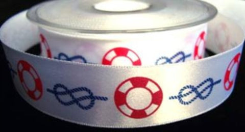 R7249 25mm White Satin Ribbon with a Sailing Nautical Printed Design - Ribbonmoon