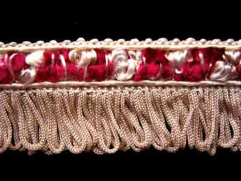 FT799 33mm Pale Ecru and Wine Looped Fringe on a Braid