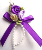RB469 Purple Satin Rose Bow Buds with Ribbon and Pearl Bead Trim Decoration