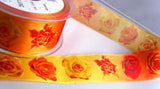 R7169 40mm Orange Roses Design Ribbon by Berisfords with Wire Edges
