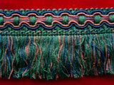 FT532 53mm Navy, Pink and Green Dense Cut Fringe Trim on a Decorated Braid