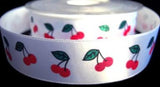 R7255 25mm White Satin Ribbon with a Cherry Printed Design - Ribbonmoon