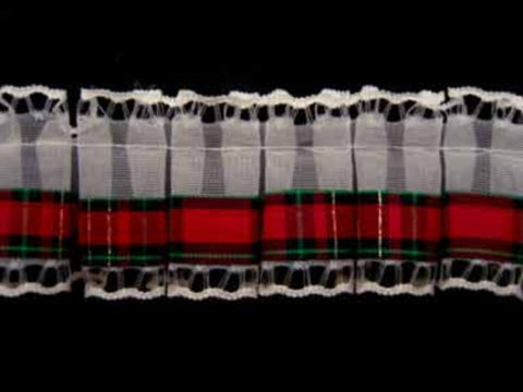 L184 48mm White, Red and Black Gathered Tartan Lace - Ribbonmoon