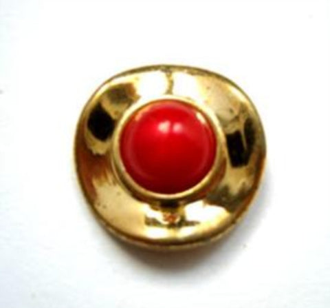 B15043 Red and Gilded Gold Poly Wavy Rim Shank Button - Ribbonmoon