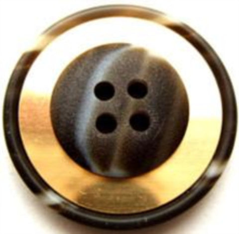 B11444 28mm Brown and Natural 4 Hole Button with a Gold Metal Ring - Ribbonmoon