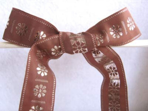 R3237 28mm Brown and Metallic Silver Flowery Woven Jacquard Ribbon - Ribbonmoon