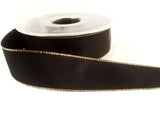 R0024 25mm Black Double Face Satin Ribbon with Metallic Gold Borders