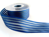 R0030 40mm Royal Blue Satin, Sheer and Gold Thin Lurex Stripes Ribbon