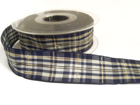 R0065 25mm Blues and Grey Tartan Ribbon with Thin Metallic Gold Stripes