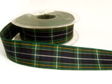 R0066 25mm Navy, Greens and Yellow Tartan Ribbon with Thin Metallic Silver Stripes