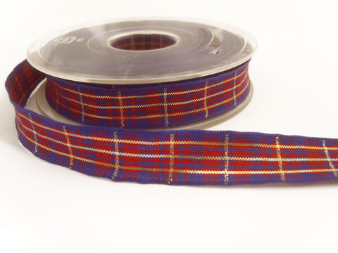 R0150 15mm Purple and Red Tartan Ribbon with Thin Metallic Gold Stripes