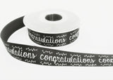 R0195 24mm Black-White Congratulations Print Satin Ribbon, Berisfords