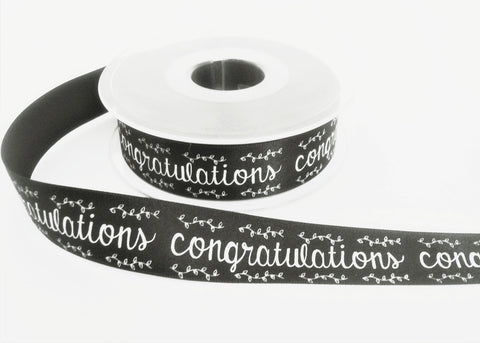 R0195 24mm Black-White Congratulations Print Satin Ribbon, Berisfords