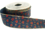 R0299 38mm Navy Ribbon with a Flowery Design and Metallic Borders
