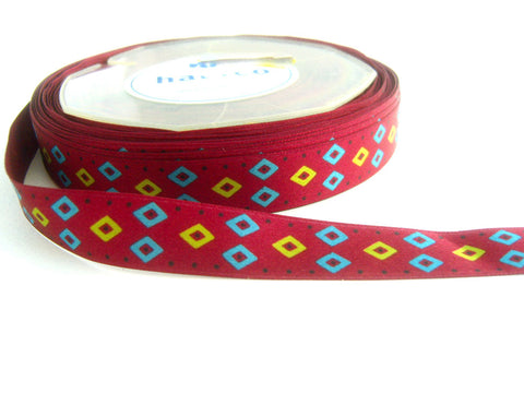 R0307 16mm Burgundy, Blue and Lime Green Single Face Satin Print Ribbon
