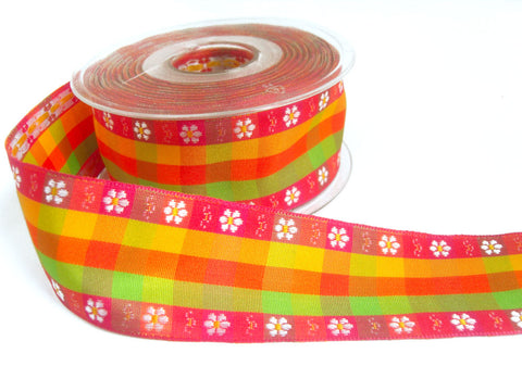 R0353 40mm Gingham Ribbon with a Woven Jacquard Daisy Design