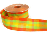 R0358 40mm Orange, Yellow and Green Gingham Ribbon. Wire Edge