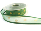 R0368 25mm Green Sheer Ribbon with a Metallic Gold Print and Satin Borders