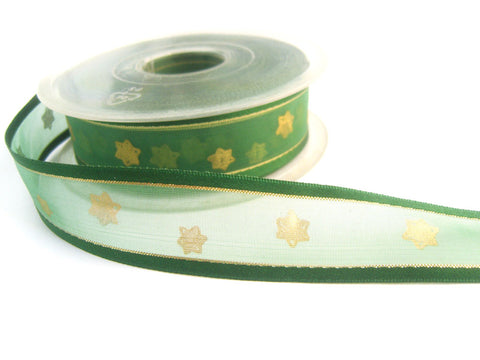 R0368 25mm Green Sheer Ribbon with a Metallic Gold Print and Satin Borders