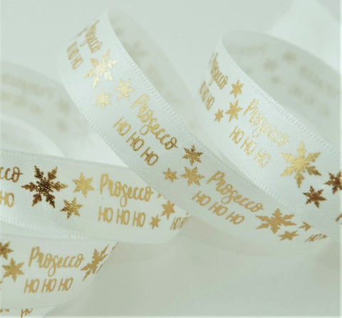 R0401 15mm White Satin Ribbon-Gold Prosseco Christmas Print, Berisfords