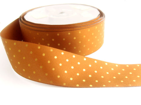 R0514 35mm Brown and Gold Polka Dot Print Satin Ribbon by Berisfords