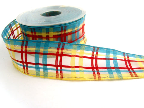 R0522 40mm Sheer Check Ribbon, Blue,Yellow and Red Stripes. Wire Edged