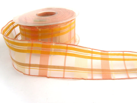 R0559 40mm Apricot, Peach and Yellow Sheer Check Ribbon, Wire Edged