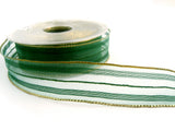 R0561 28mm Hunter Green Sheer Ribbon with Metallic Gold Stripes. Wire Edge