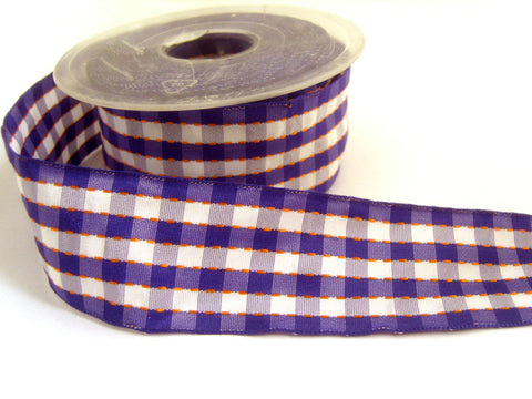 R0603 40mm Blue and White Gingham Ribbon with Orange Banded Stripes