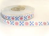 R0879 10mm White, Pink and Blue Single Face Satin Print Ribbon
