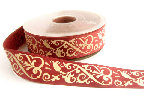 R0937C 24mm Raspberry Satin Ribbon with an Embossed Ivory Design