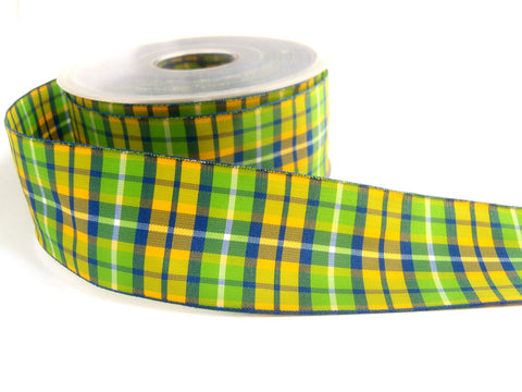 R1054 38mm Yellow, Blue and Green Tartan Ribbon with Wired Borders
