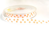 R1104 13mm White Satin Ribbon with a Peach Polka Dot Design