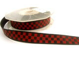 R1122 16mm Black Satin Ribbon with a Russet Chequered Flag Design